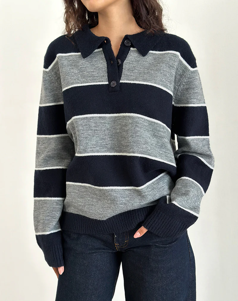 Yusnada Oversized Rugby Jumper in Navy and Grey Stripe - Image 3