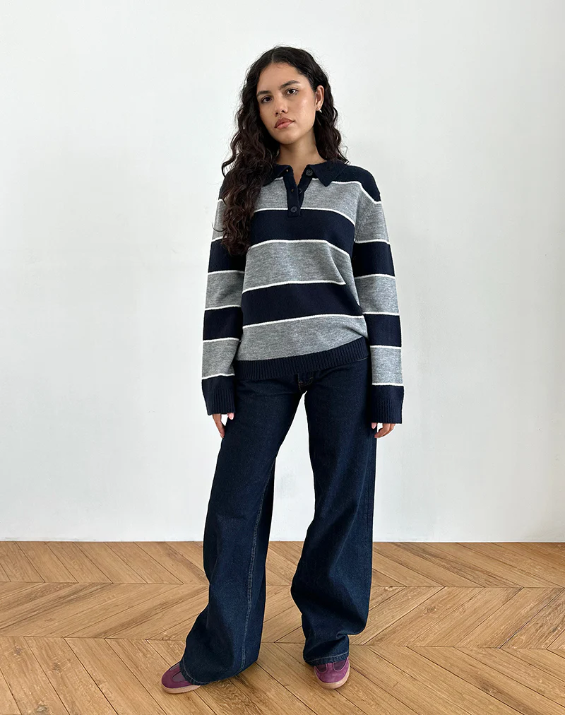 Yusnada Oversized Rugby Jumper in Navy and Grey Stripe - Image 4