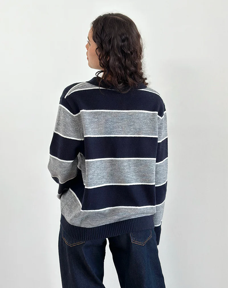 Yusnada Oversized Rugby Jumper in Navy and Grey Stripe - Image 5