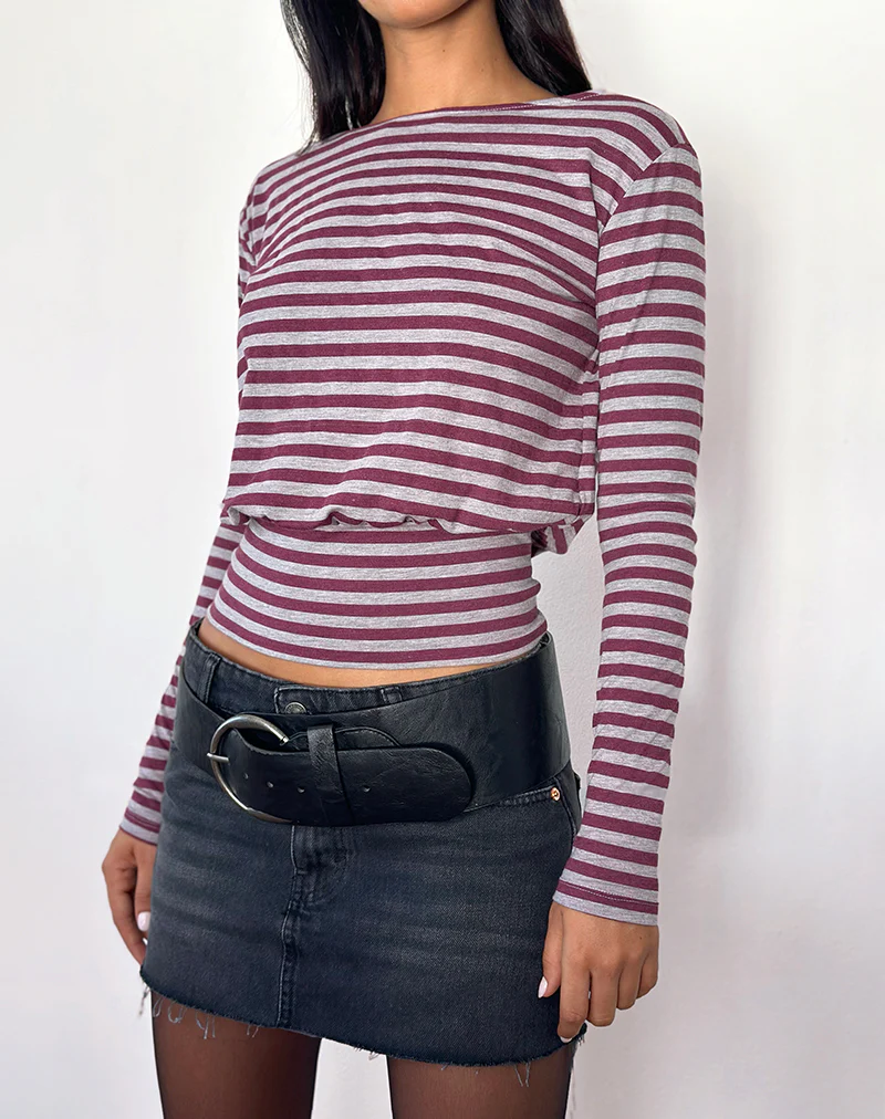 Zahir Long Sleeve Top in Burgundy and Grey Stripe - Image 2