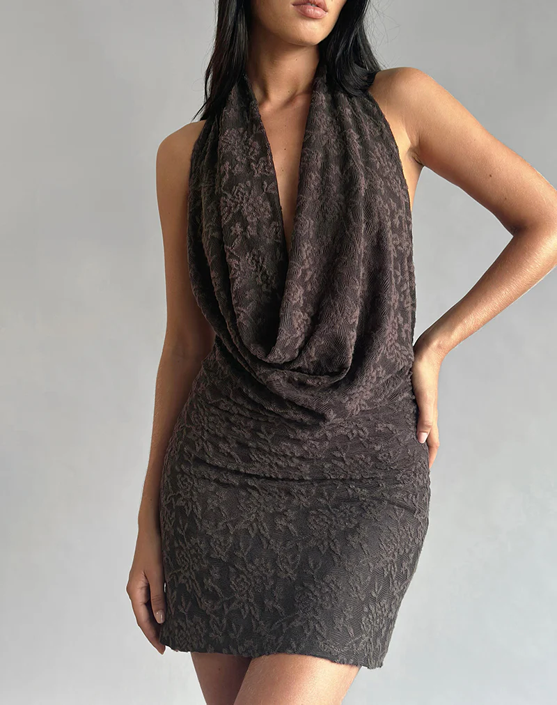 Zari Cowl Neck Mini Dress in Jacquard Knit Brown - Image 4