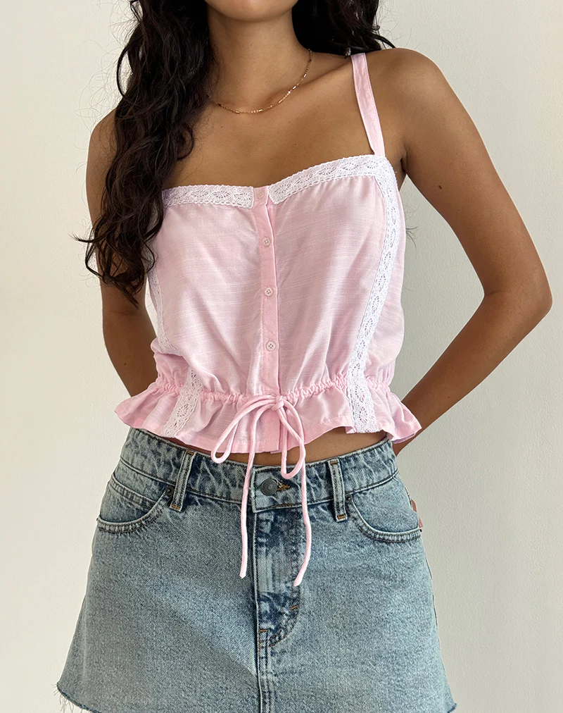 Zaria Tie Front Top in Light Pink with White Trim - Image 2