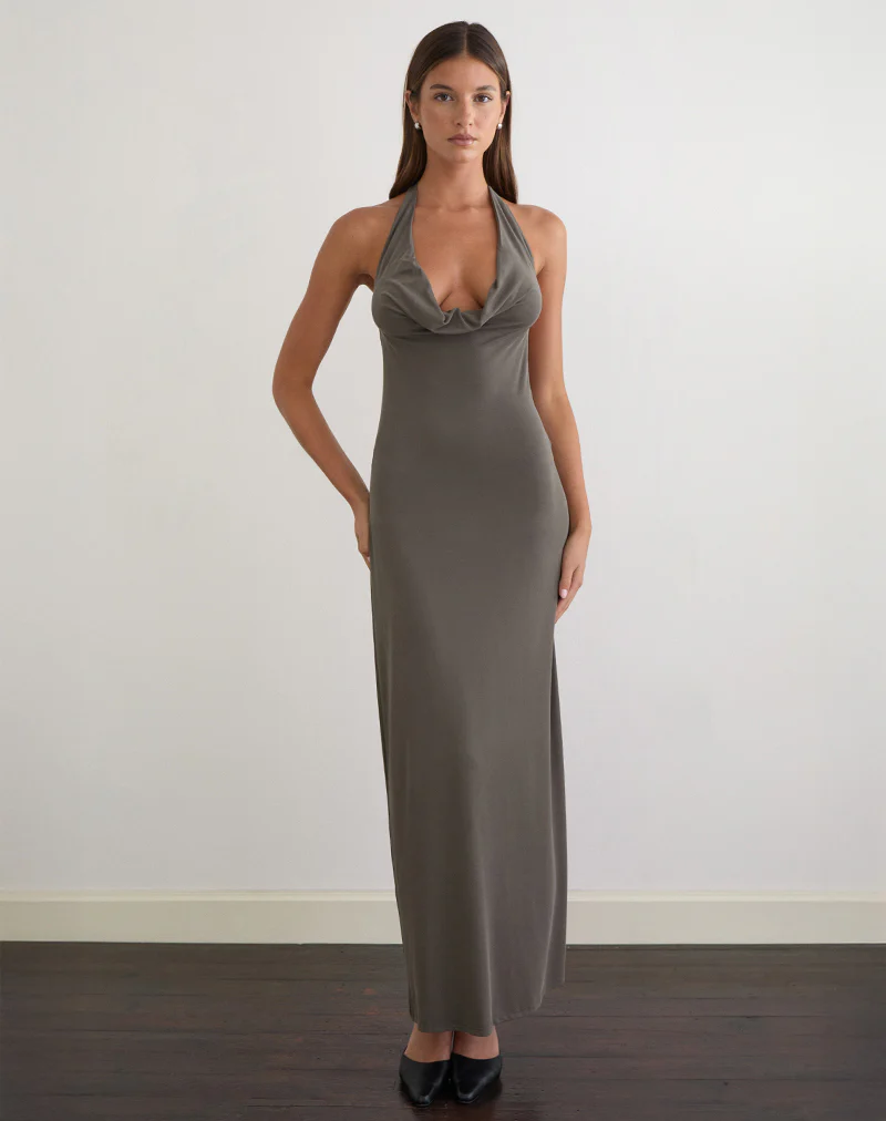 Zarya Maxi Dress in Cupro Grey Khaki - Image 4