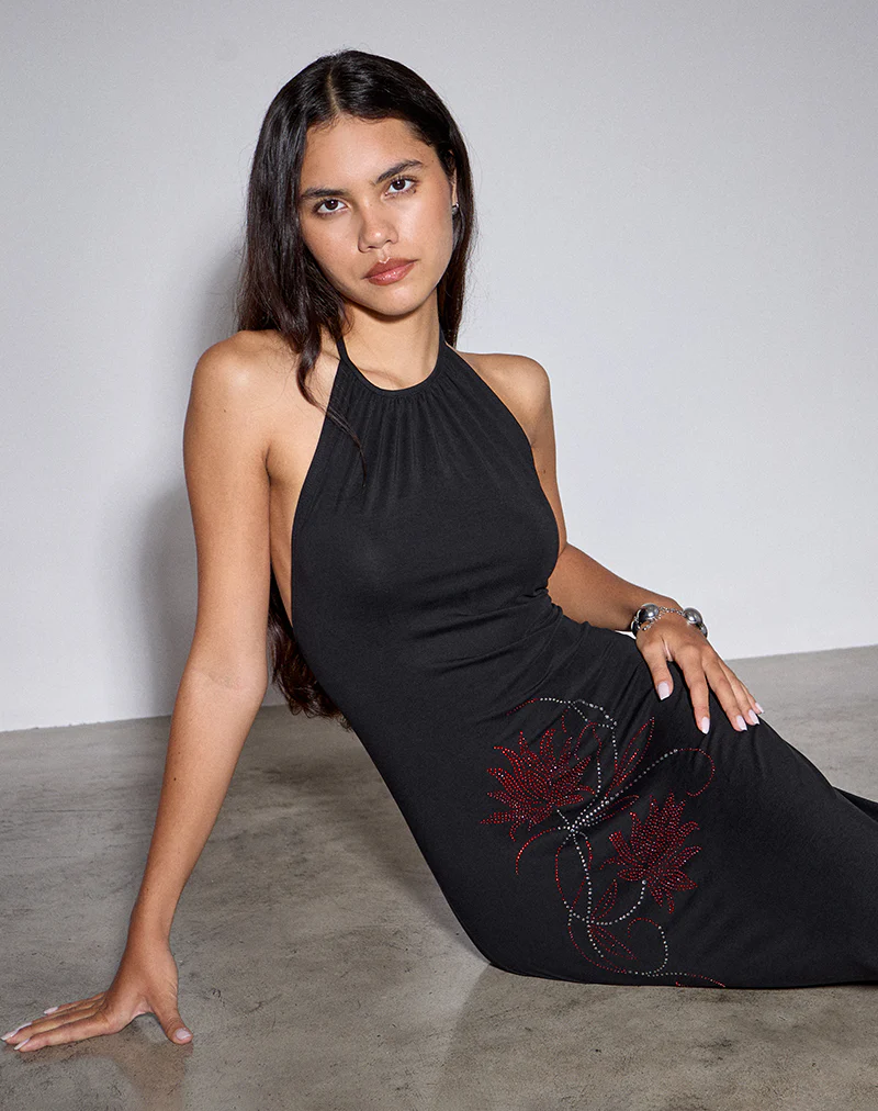 Zavine Midi Dress in Cupro Diamante Flower Black - Image 2