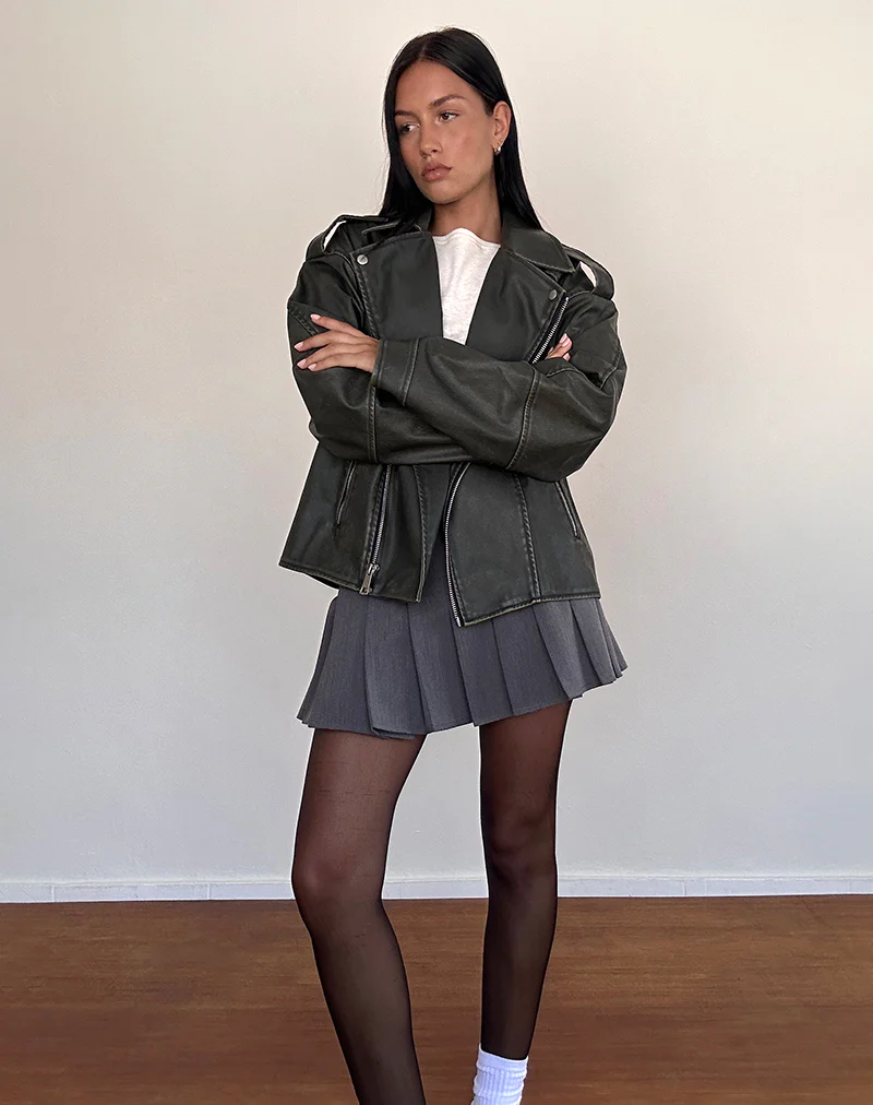 Zebbie Distressed Biker Jacket in Olive - Image 5