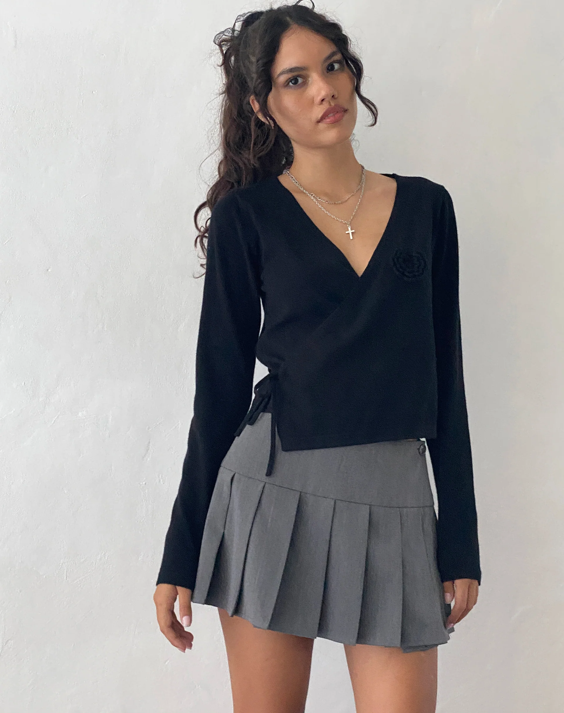 Zelda Knitted Wrap Cardigan in Black with Rosette - Image 2