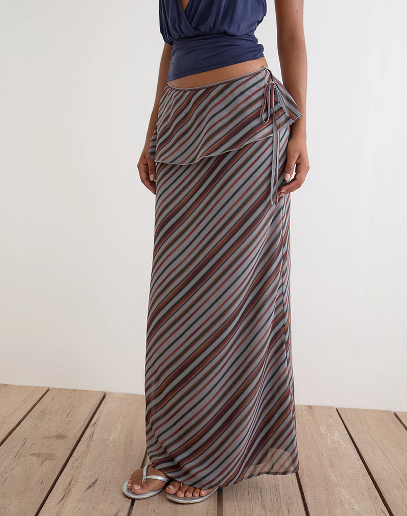 Zelvia Maxi Skirt in Chiffon Grey and Maroon Diagonal Stripe - Image 2