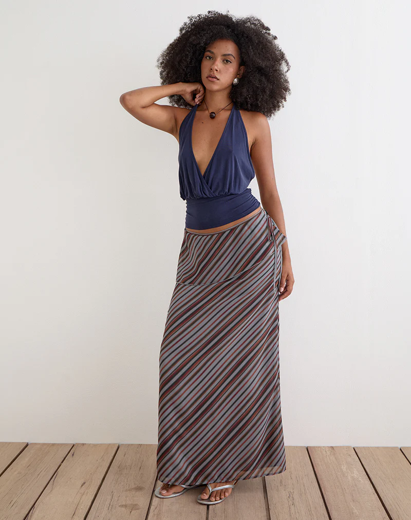 Zelvia Maxi Skirt in Chiffon Grey and Maroon Diagonal Stripe - Image 4