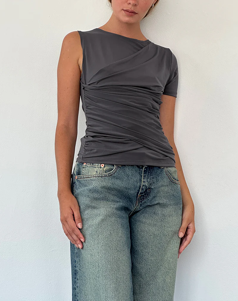 Zera Asymmetric Ruched Top in Grey - Image 2