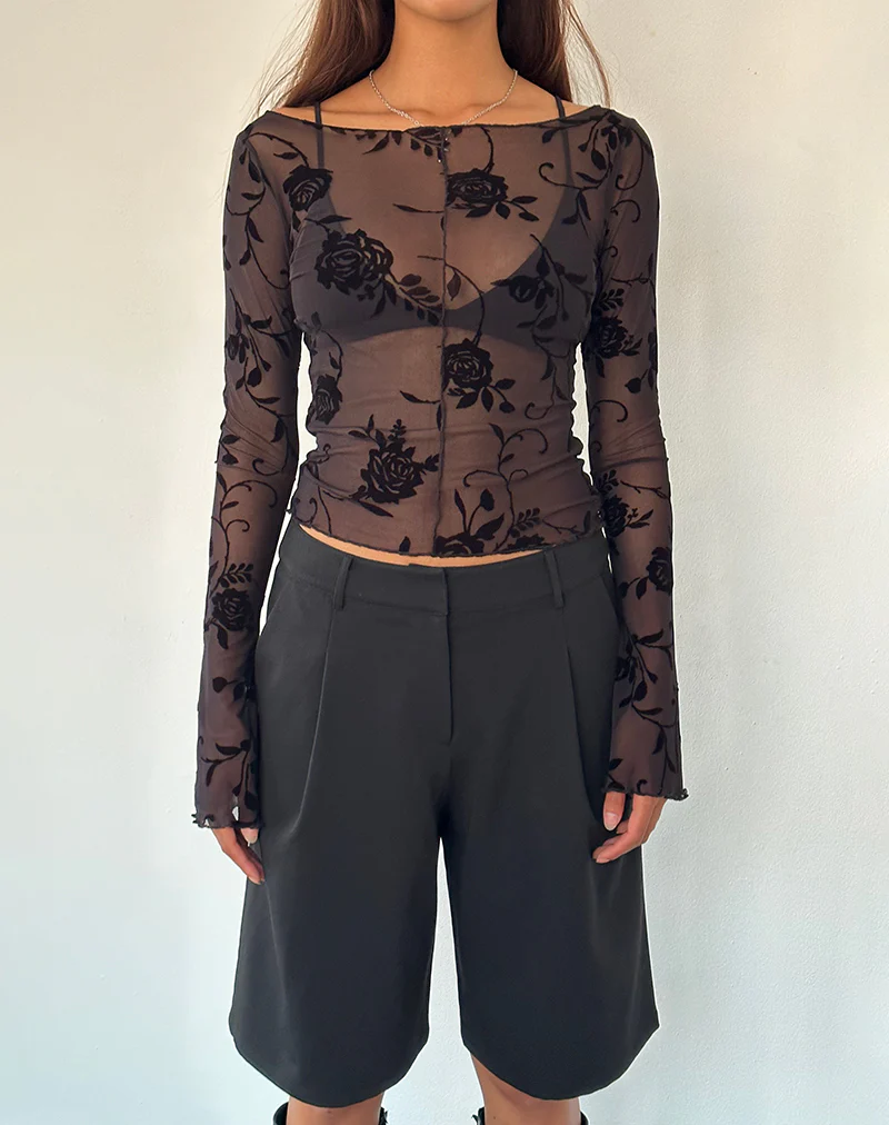 Zerlin Unlined Long Sleeve Top in Rose Flock Black - Image 3