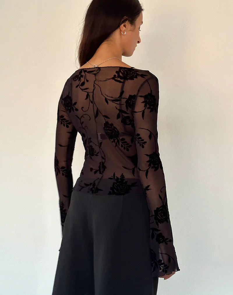Zerlin Unlined Long Sleeve Top in Rose Flock Black - Image 4