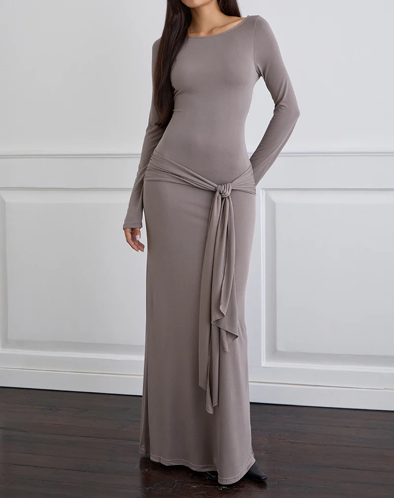 Zeya Maxi Dress in Cupro Taupe Grey - Image 2