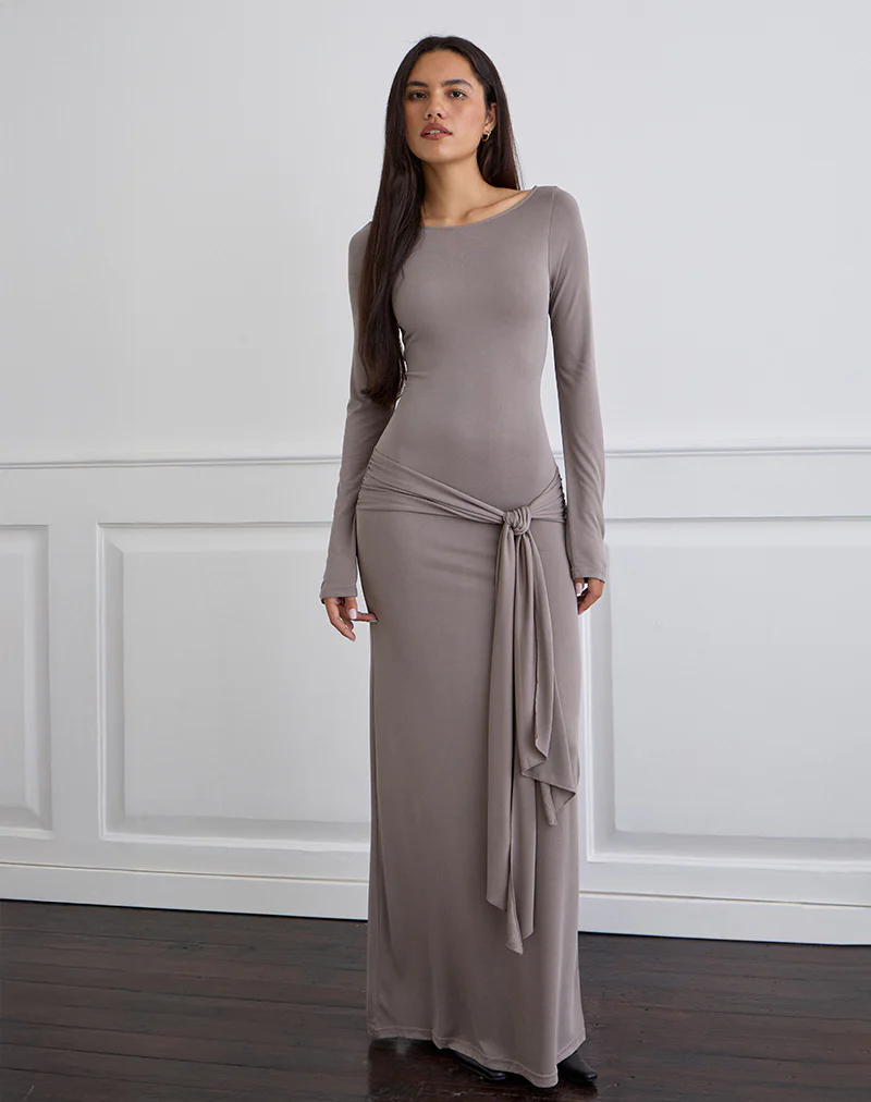 Zeya Maxi Dress in Cupro Taupe Grey - Image 3