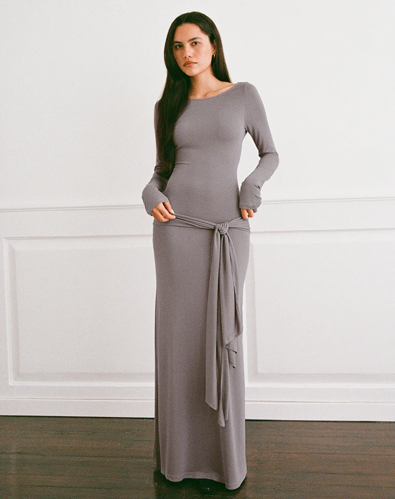 Zeya Maxi Dress in Cupro Taupe Grey - Image 5