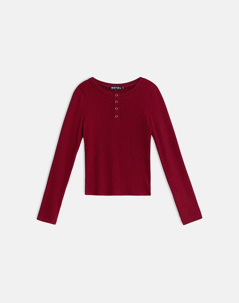 Zinta Long Sleeve Button Up Top in Rib Knit Dark Maroon - Image 2