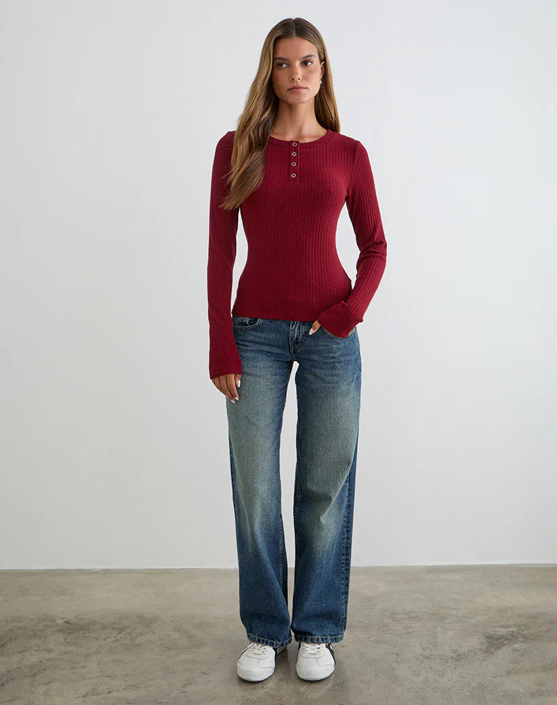 Zinta Long Sleeve Button Up Top in Rib Knit Dark Maroon - Image 3