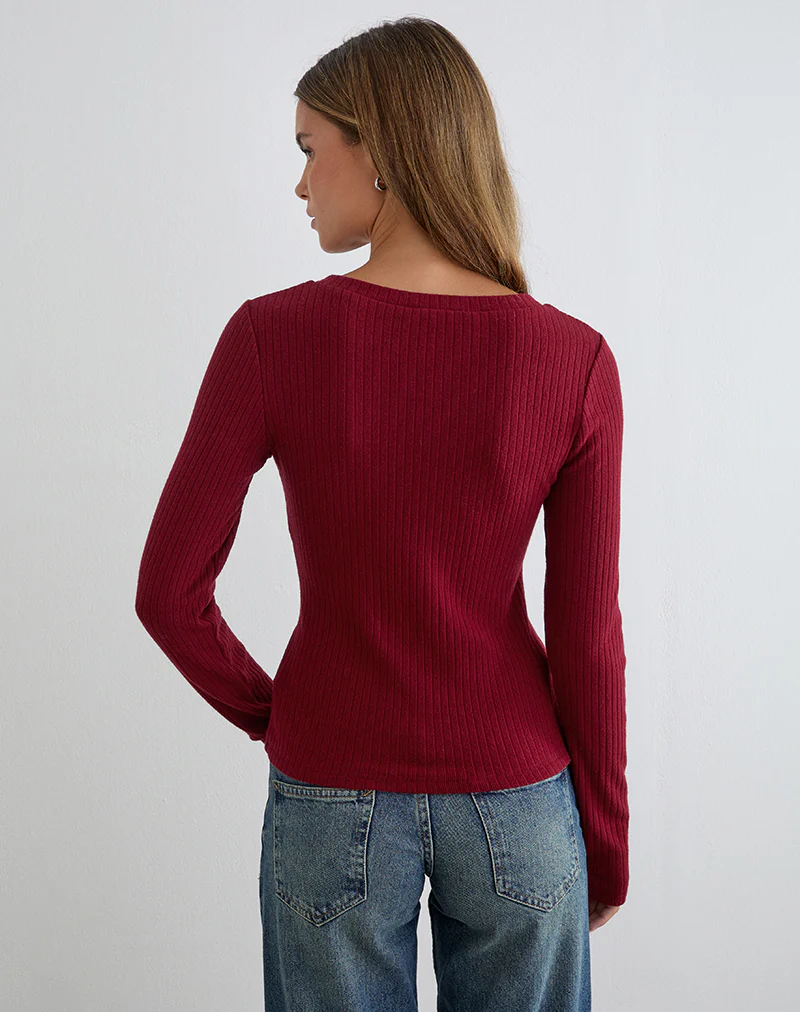 Zinta Long Sleeve Button Up Top in Rib Knit Dark Maroon - Image 5