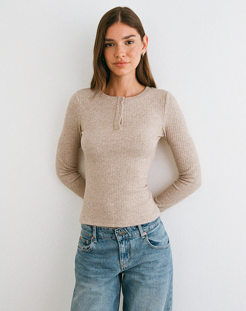 Zinta Long Sleeve Button Up Top in Rib Knit Oat - Image 2