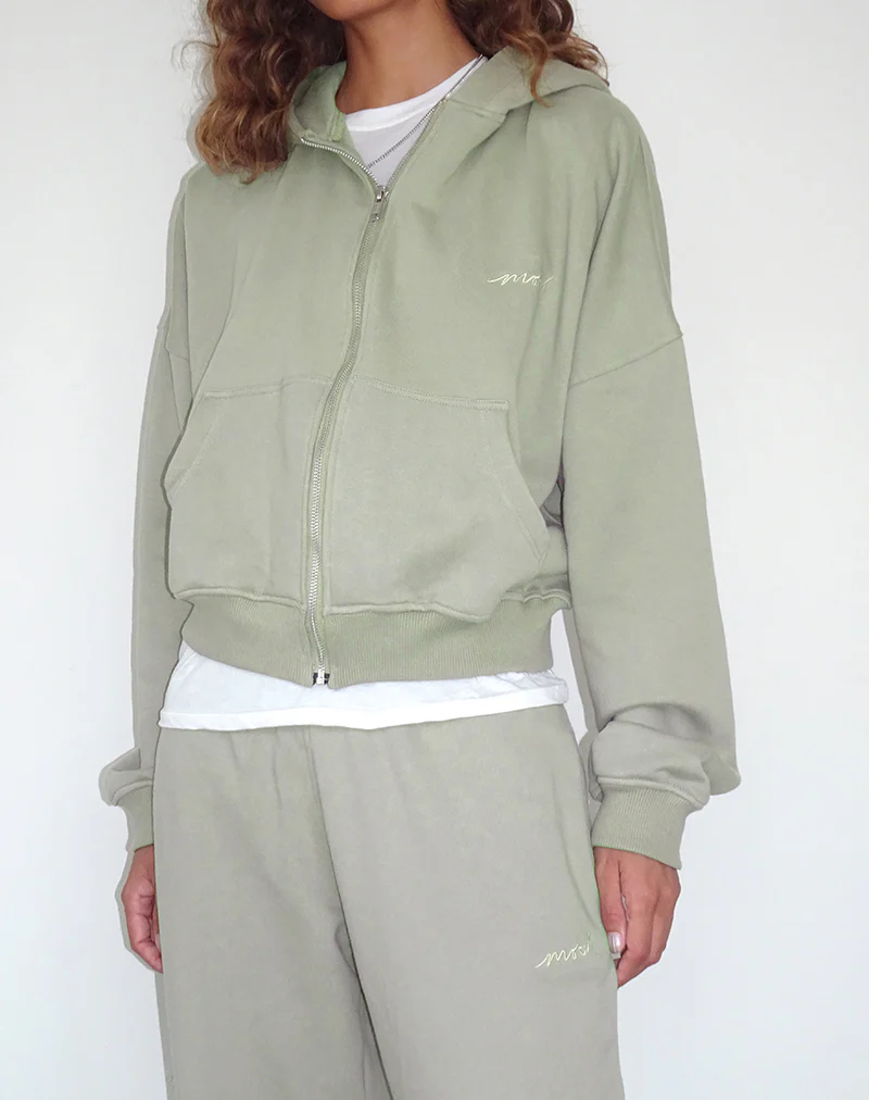 Zip Up Jumper in London Fog with 'MOTEL' Ivory Embroidery - Image 4