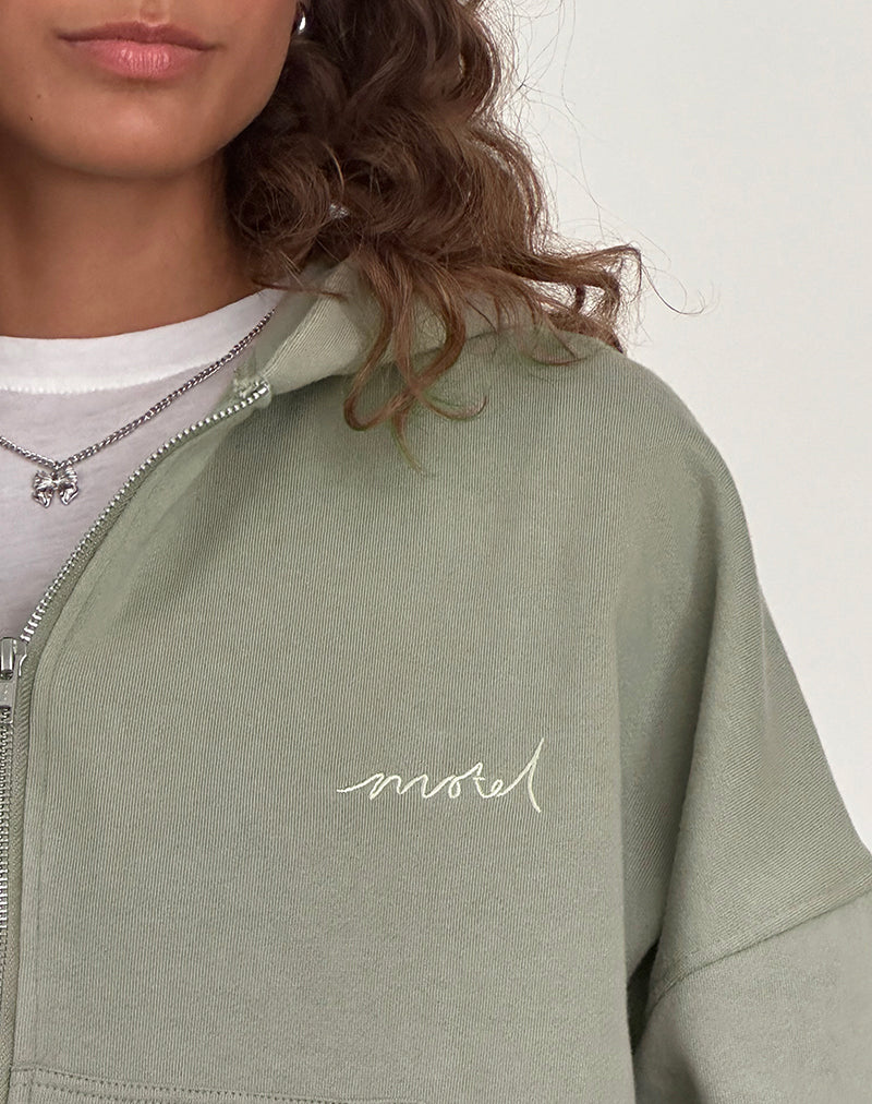 Zip Up Jumper in London Fog with 'MOTEL' Ivory Embroidery - Image 5