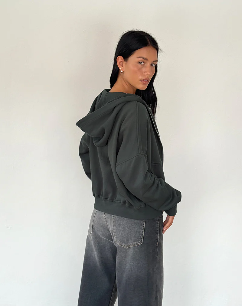Zip Through Hoodie in Beluga with Light Grey M Embroidery - Image 3
