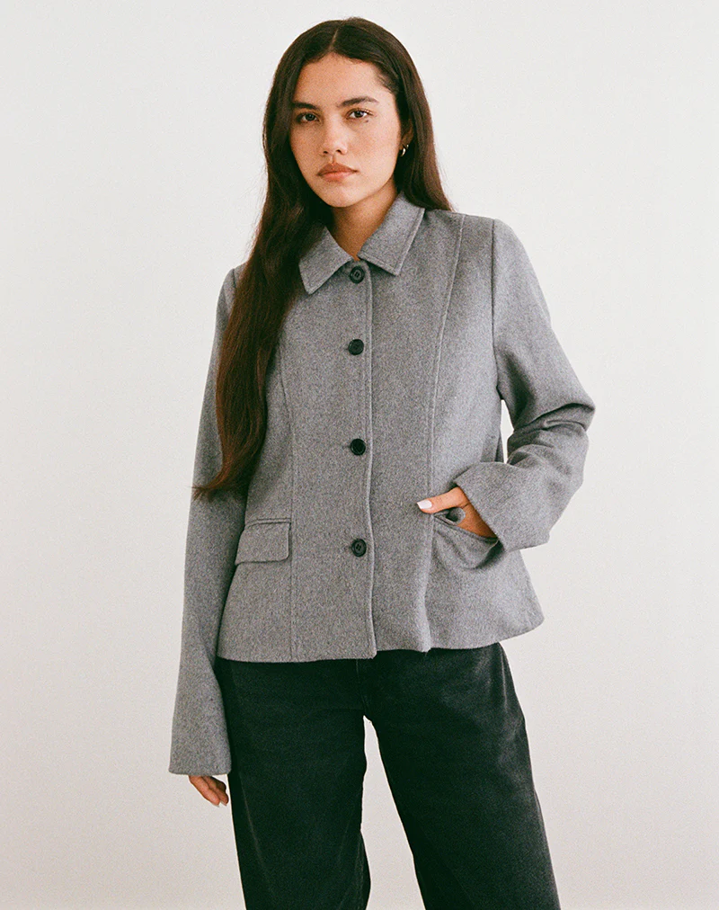 Ziya Collared Button Up Jacket in Wool Grey - Image 4