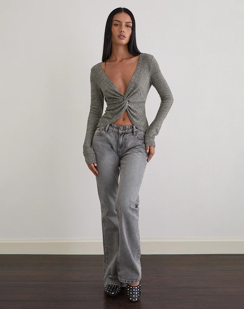 Zoril Twist Top in Glitter Knit Khaki - Image 2