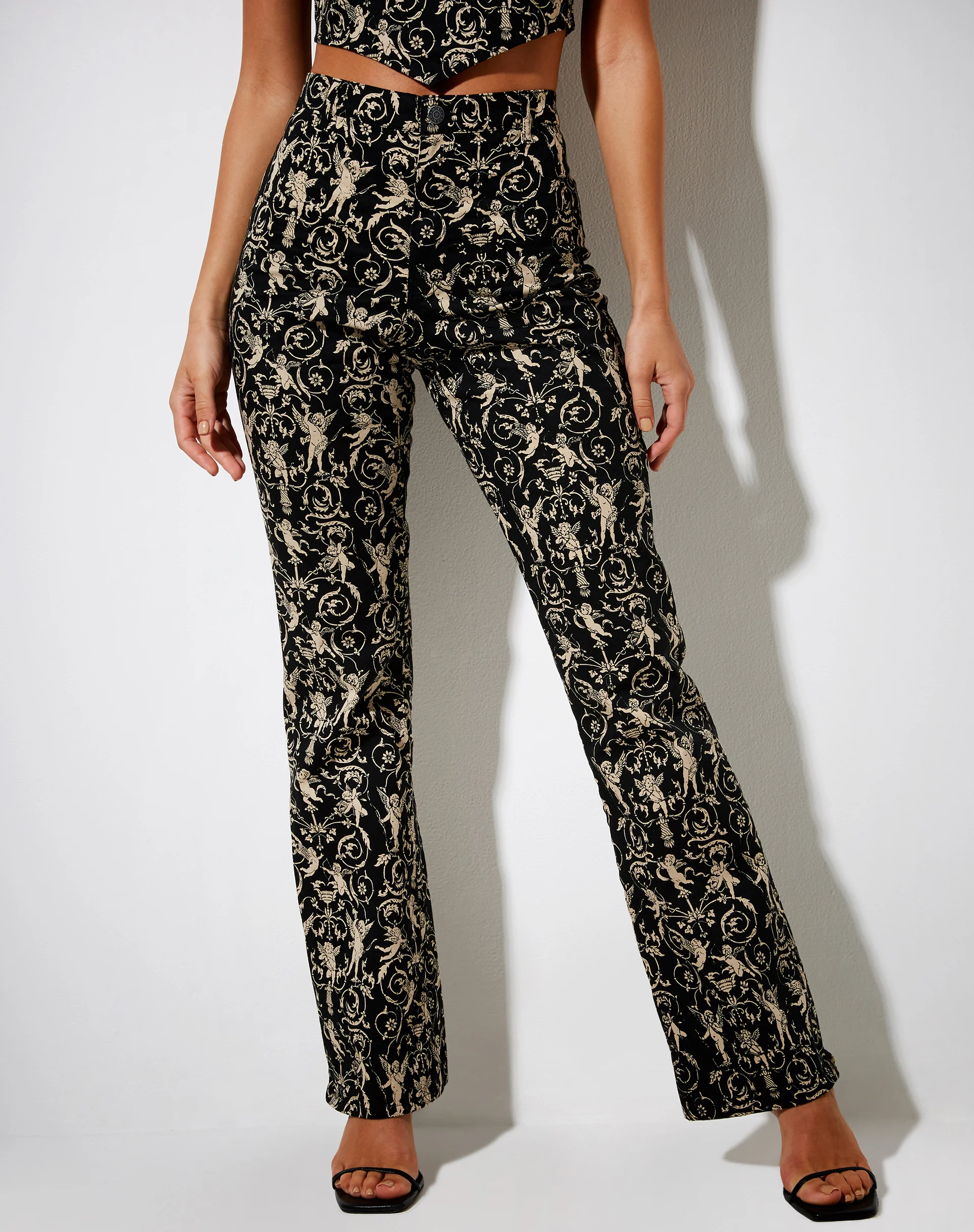Zoven Flare Trouser in Baroque Cherub Black and Gold - Image 2