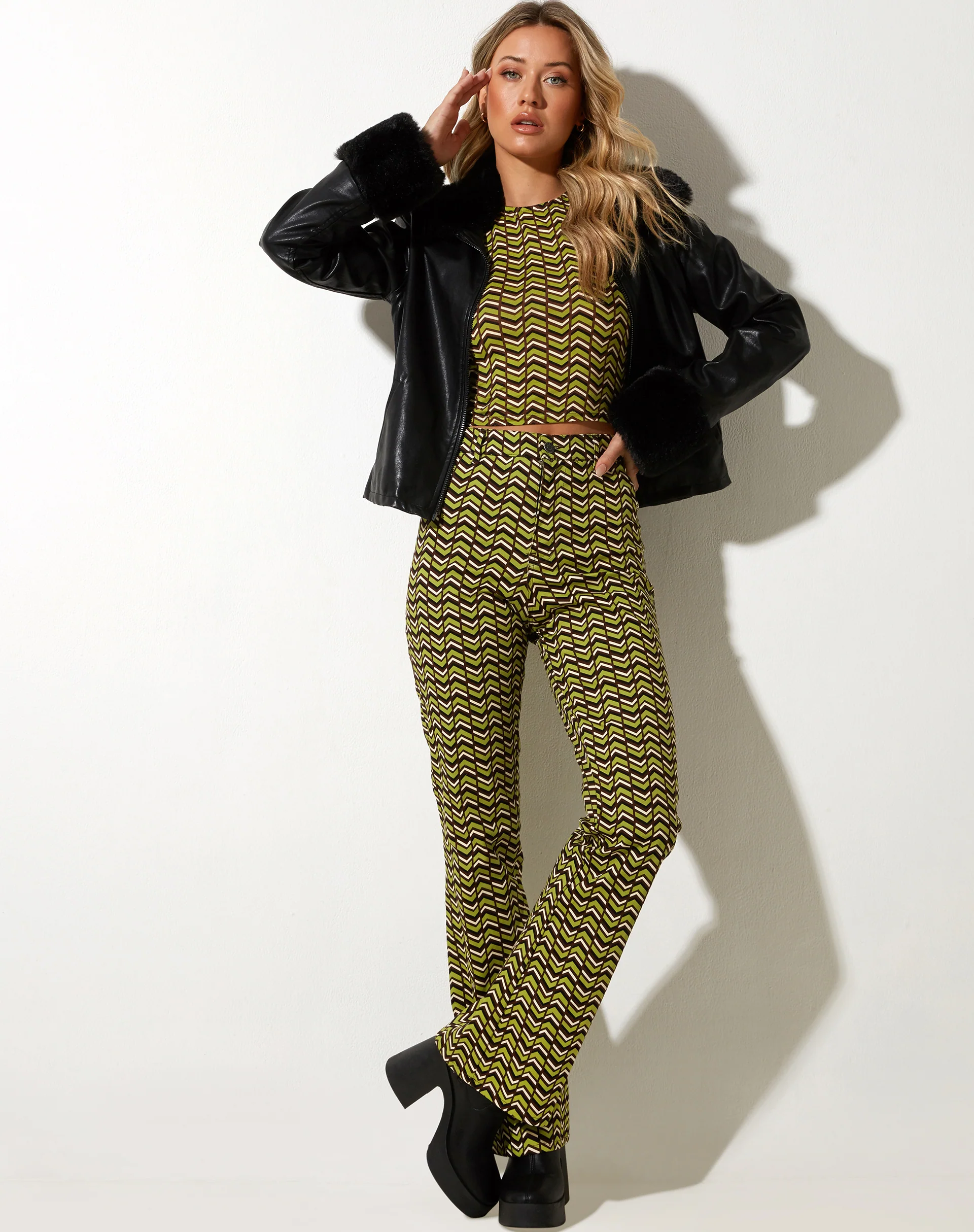 Zoven Flare Trouser in Chevron Green - Image 3