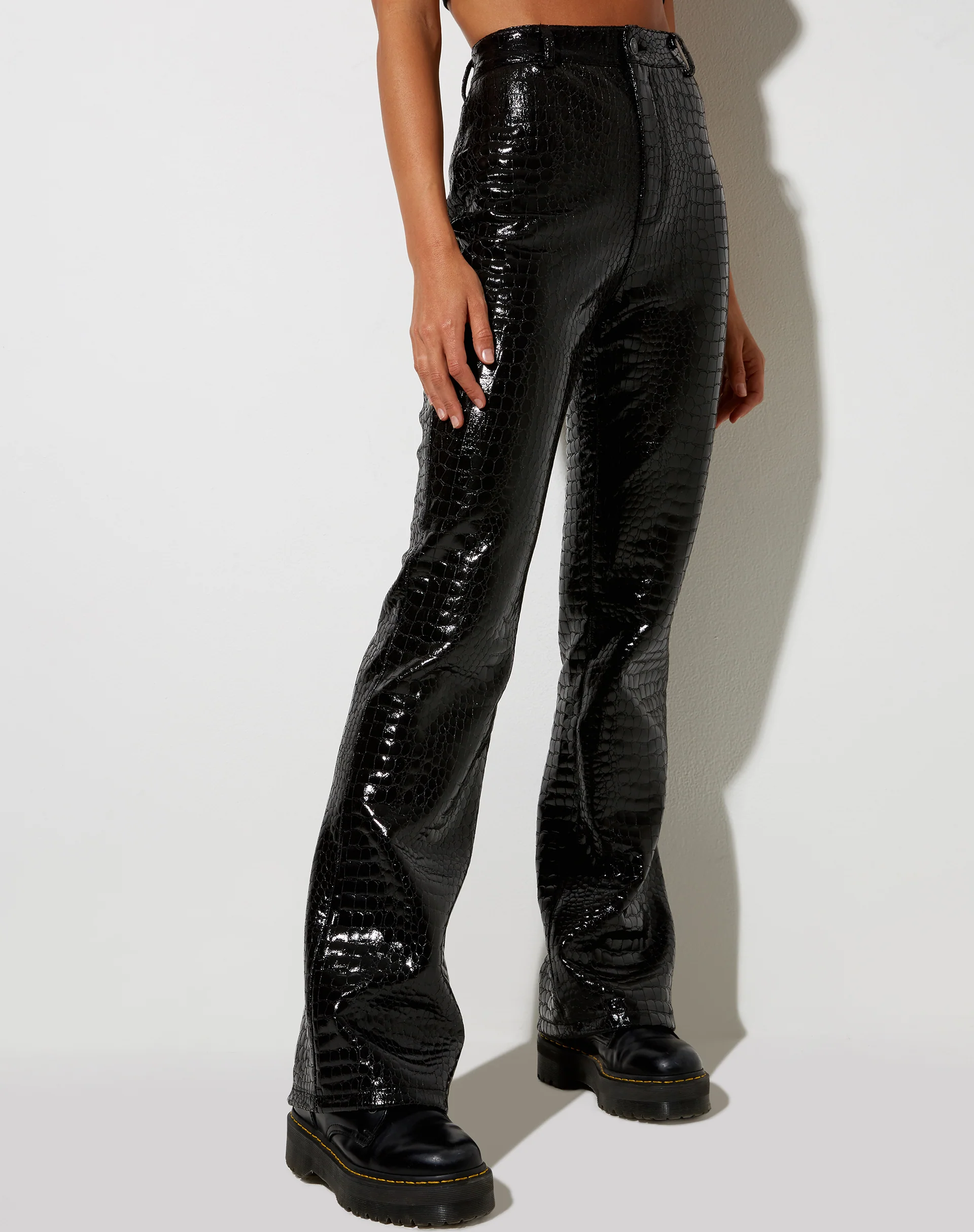 Zoven Flare Trouser in Croc PU Black - Image 3