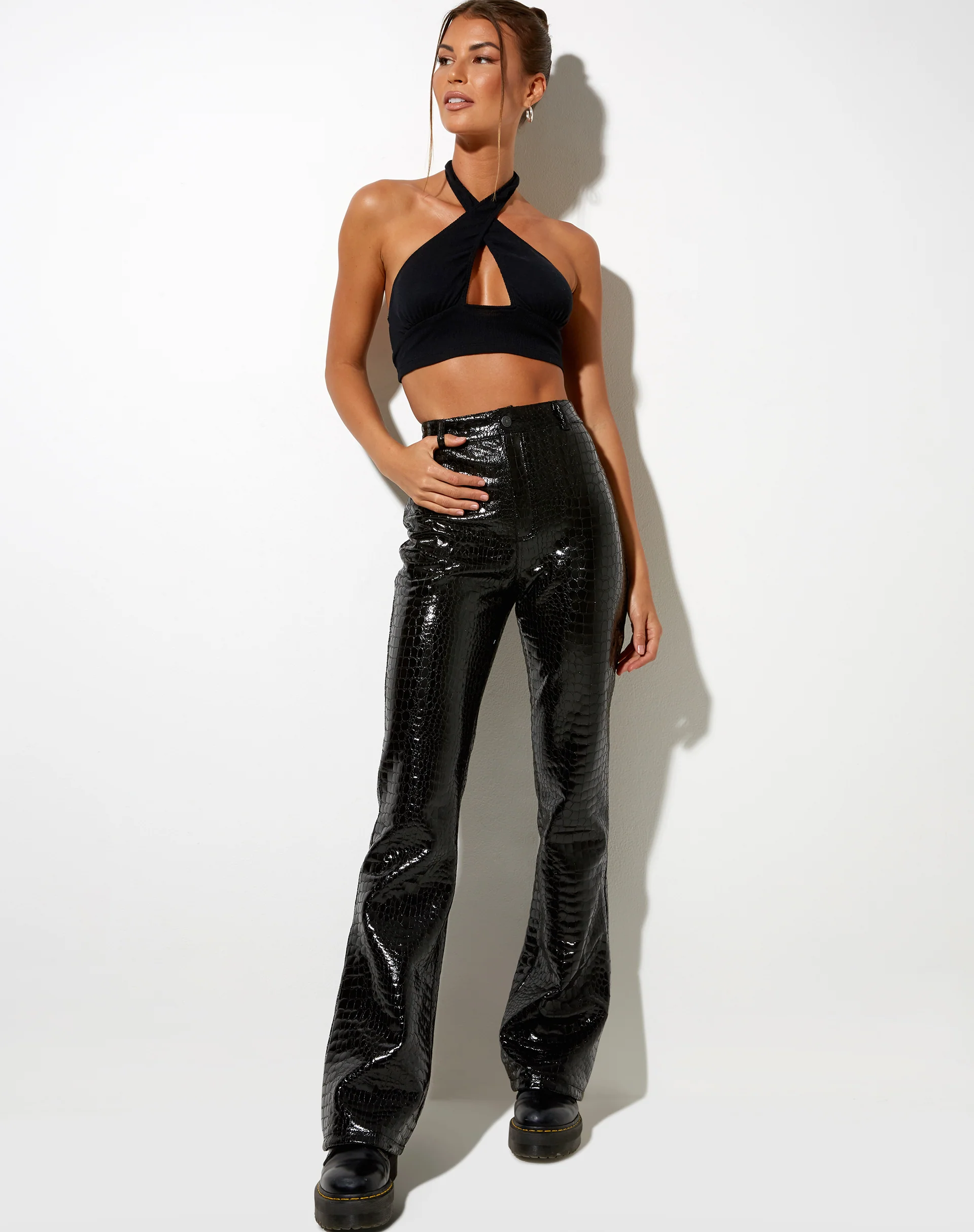 Zoven Flare Trouser in Croc PU Black - Image 4