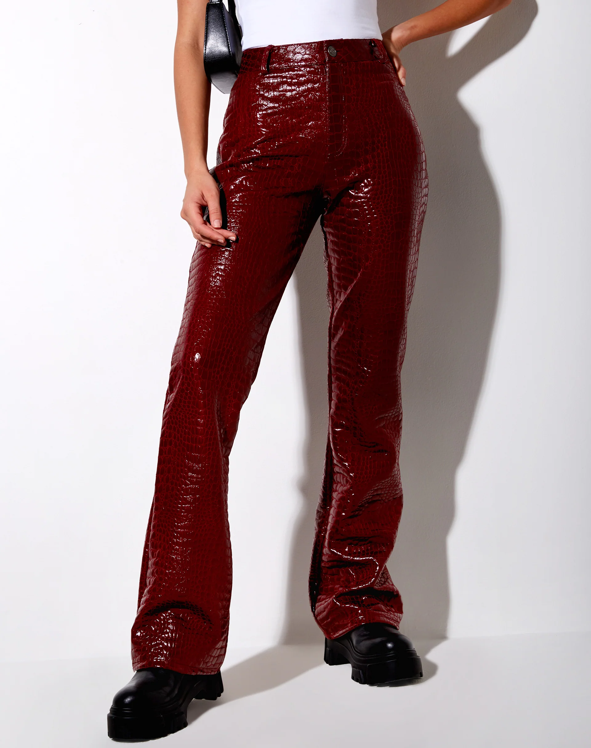 Zoven Trouser in Croc PU Burgundy - Image 5