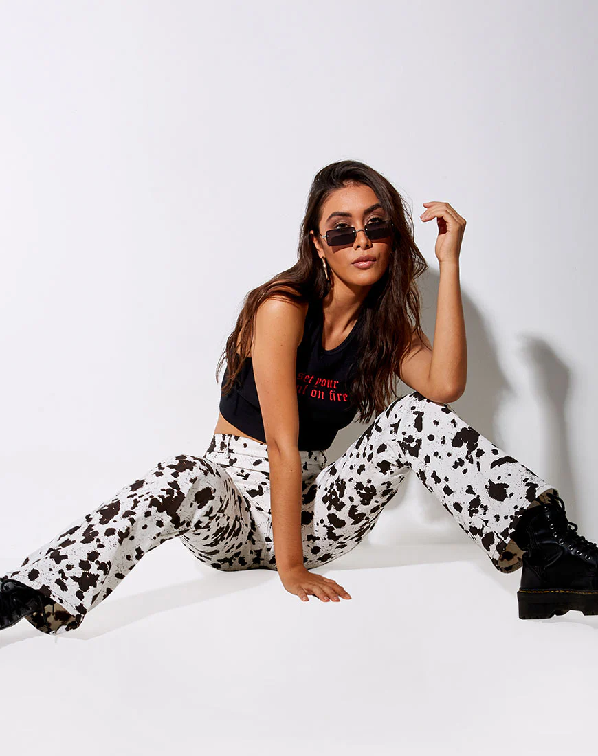 Zoven Flare Trouser in Mini Cow Black and White - Image 3