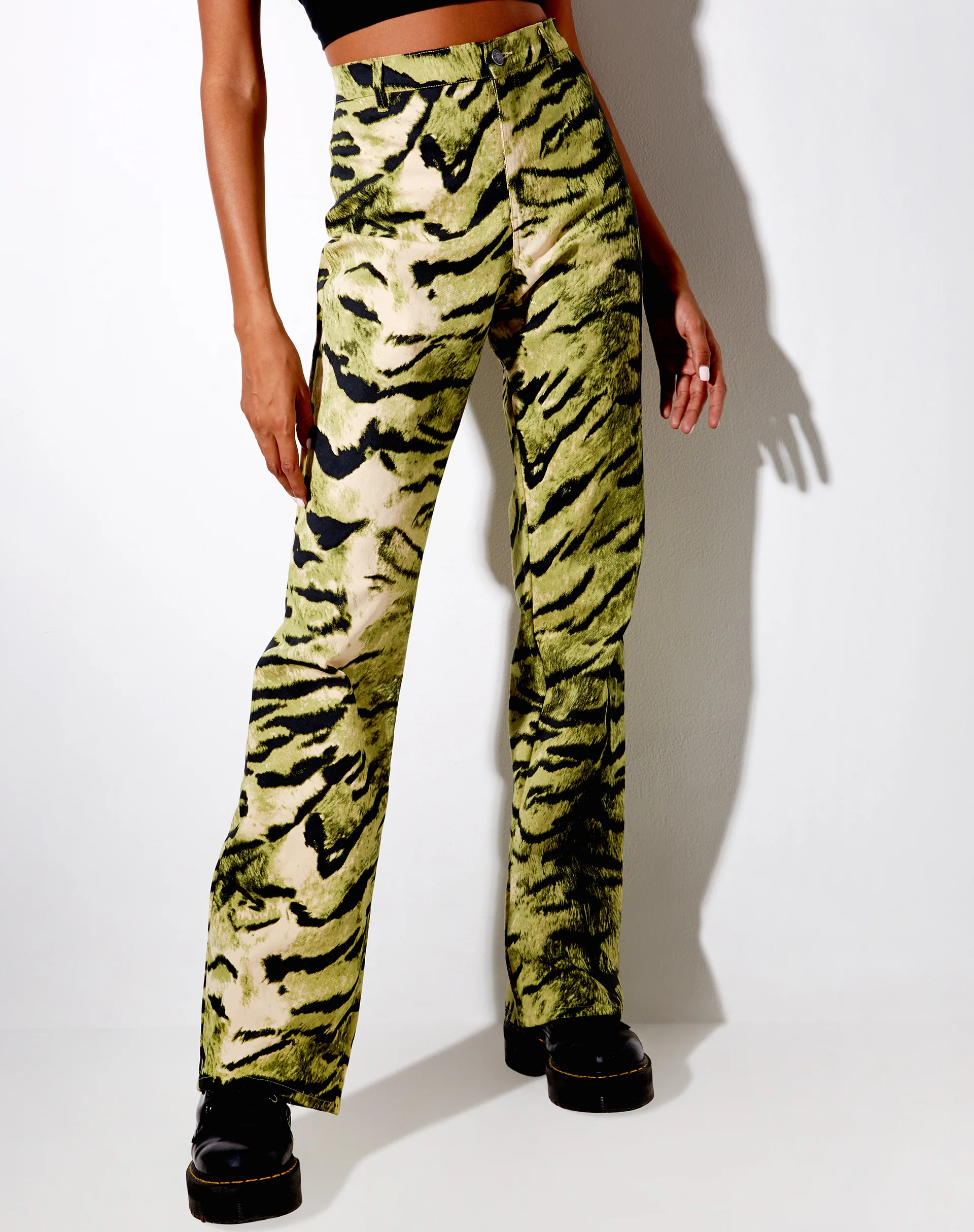 Zoven Flare Trouser in Tiger Full Khaki Placement - Image 3