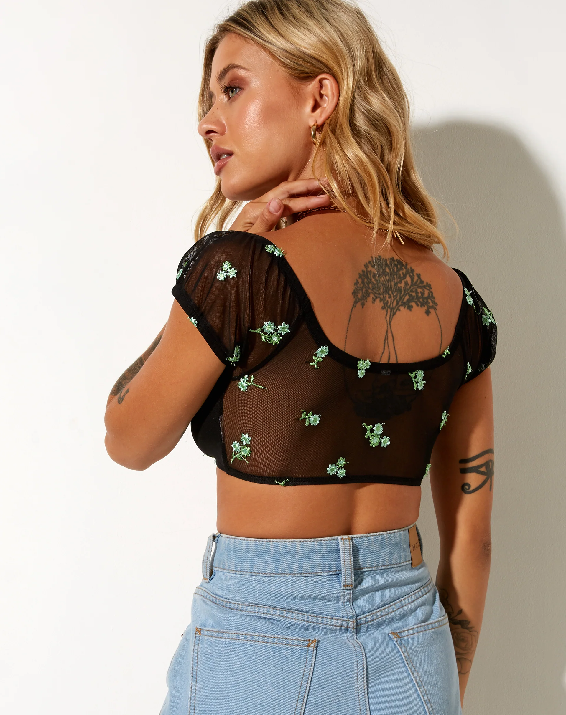 Zule Crop Top in Black Daisy Lime Embro - Image 2
